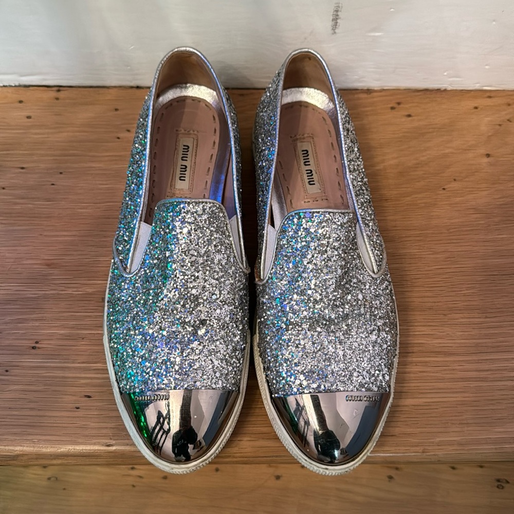 Miu Miu Silver Glitter Sneakers 37.5